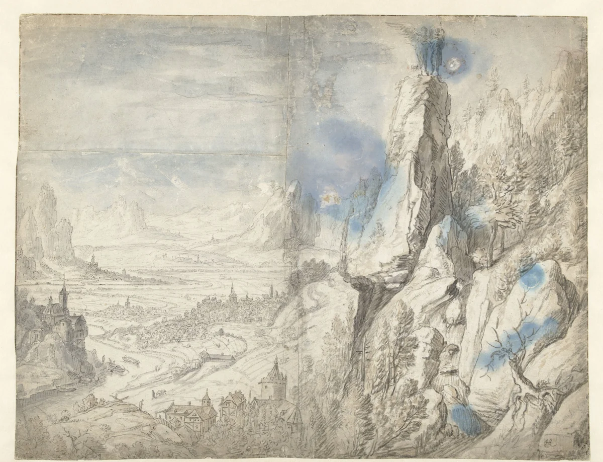 Weids landschap met de verzoeking van Christus by Herman Saftleven, drawing, 1619-1685
