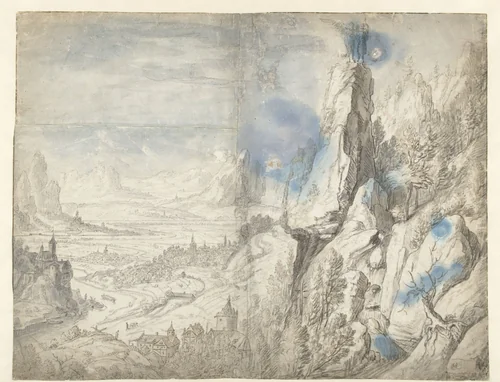 Weids landschap met de verzoeking van Christus by Herman Saftleven, drawing, 1619-1685
