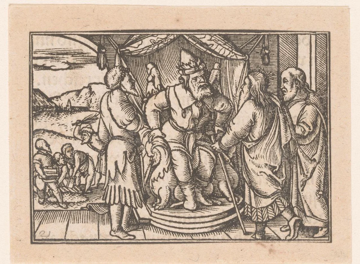 Mozes en Aäron in discussie met de Farao over de Israëlieten by anonymous, print, 1552
