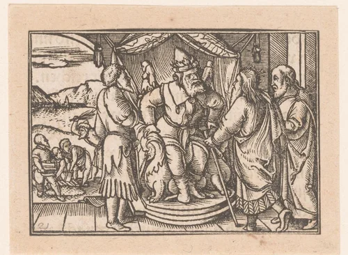 Mozes en Aäron in discussie met de Farao over de Israëlieten by anonymous, print, 1552