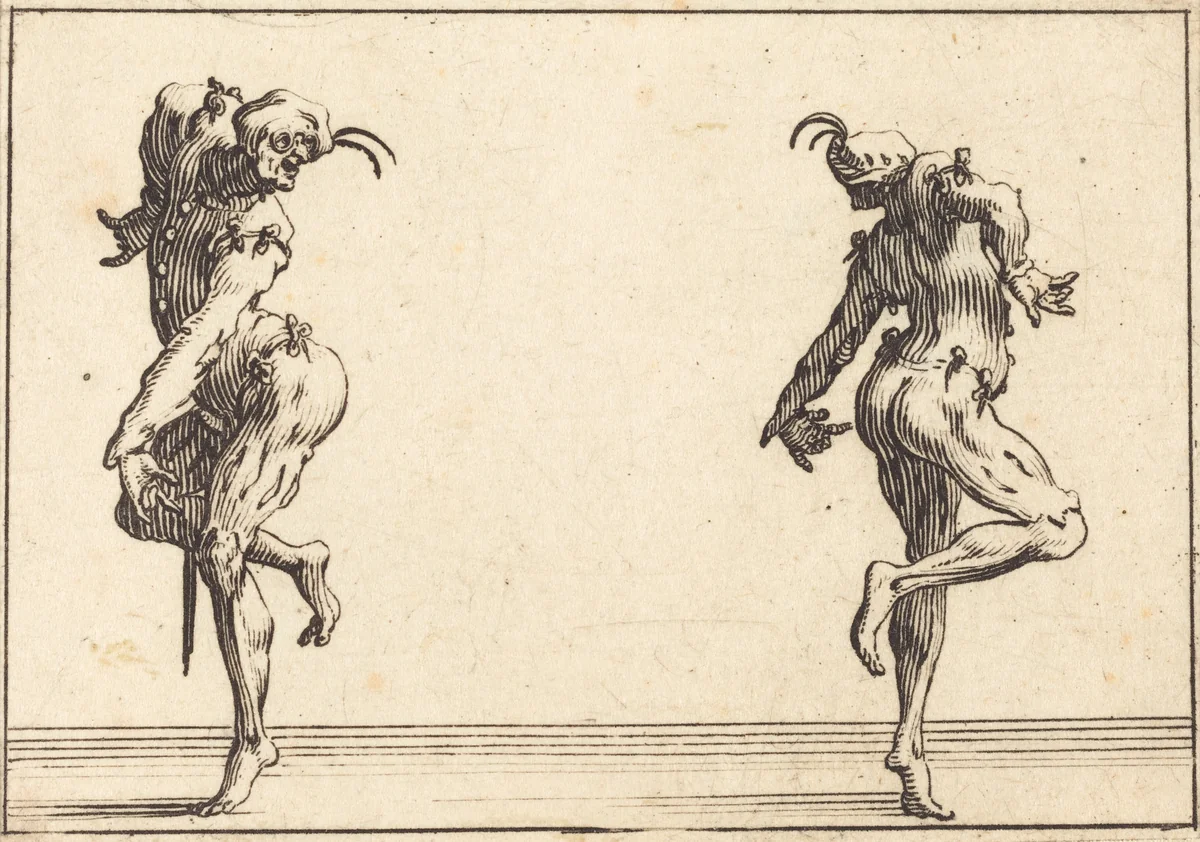 Two Pantaloons Dancing by Jacques Callot, print, 1617