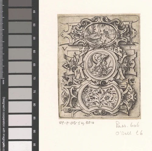 Drie cartouches met een landschap, soldaat en gebladerte by Unknown, print, 1524-1562