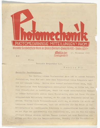 Photomechanik letterhead by Unidentified Designer, design, 1926