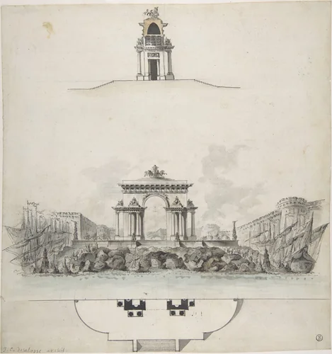 Design for Colossal Triumphal Arch Surmounted by a Quadriga by Jean Charles Delafosse, drawing, 1745-1789
