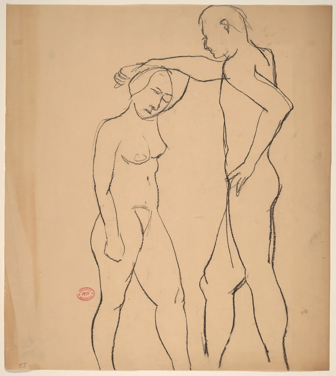 Untitled [male nude holding the arm of a female nude] by Richard Diebenkorn, drawing, 1955-1967