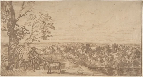 Landscape with figures by Jan Lievens, drawing, 1620-1674