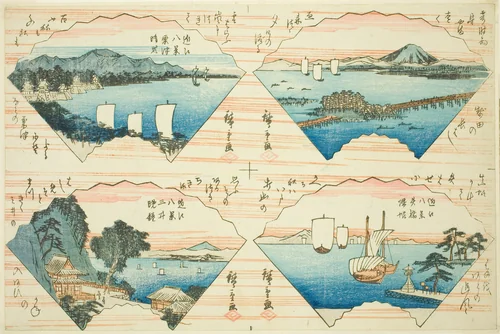 Four Views from the series Eight Views of Omi (Omi Hakkei) by Utagawa Hiroshige (歌川広重), print, 1825-1835