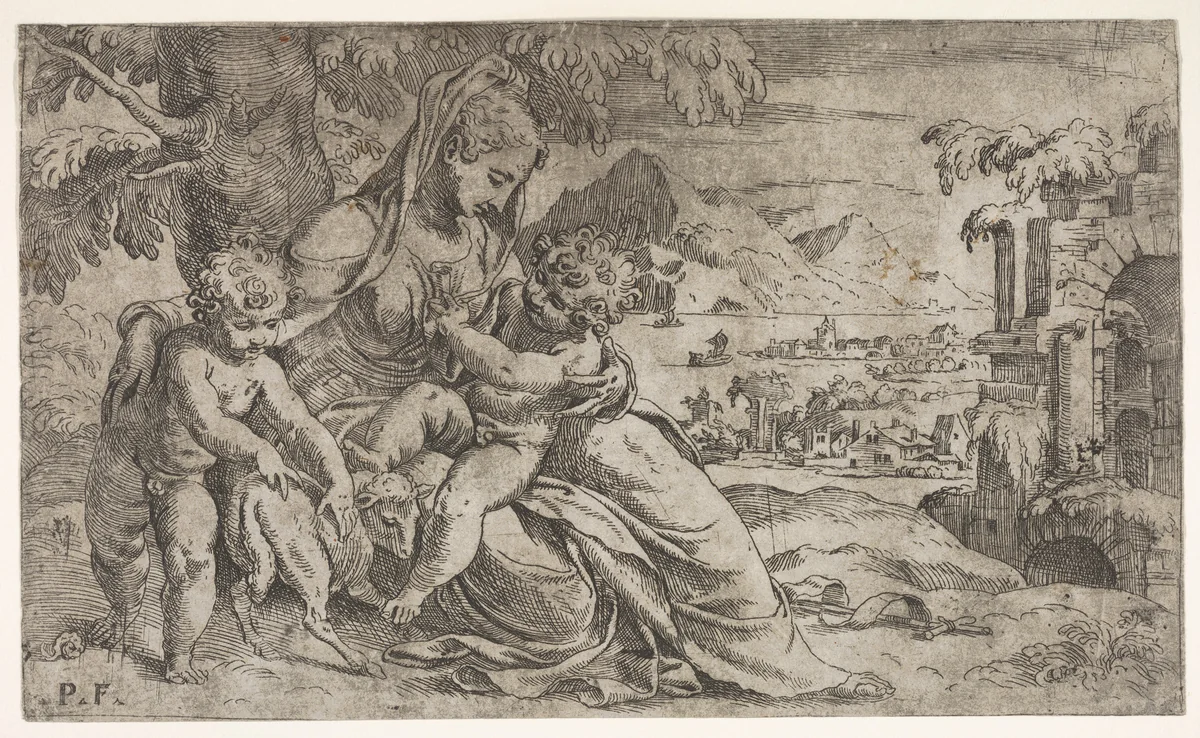 Seated Virgin and Child with Saint John the Baptist and a lamb on a hillside by Orazio Farinati, print, 1580-1616