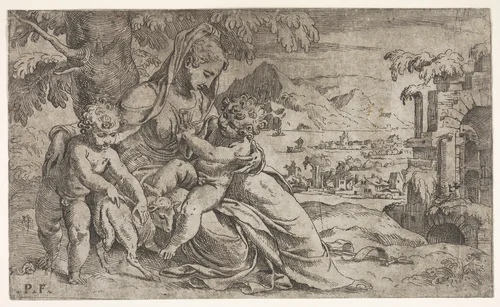 Seated Virgin and Child with Saint John the Baptist and a lamb on a hillside by Orazio Farinati, print, 1580-1616