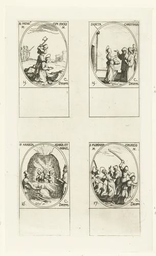 Heilige Ireneus van Rome en gezellen, Heilige Christiana van Georgië, Heilige Ananias, Heilige Azarias en Heilige Misael van Babylon, Heilige Florianus en gezellen (15-17 december) by Jacques Callot, print, 1632-1636