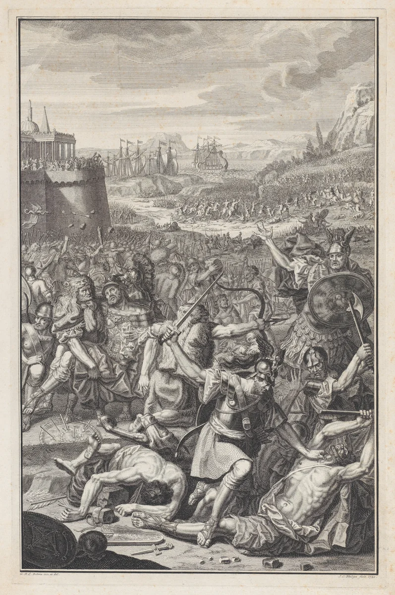 Battle scene with a man about to be stabbed with a sword at lower right by Jan Caspar Philips, print, 1730