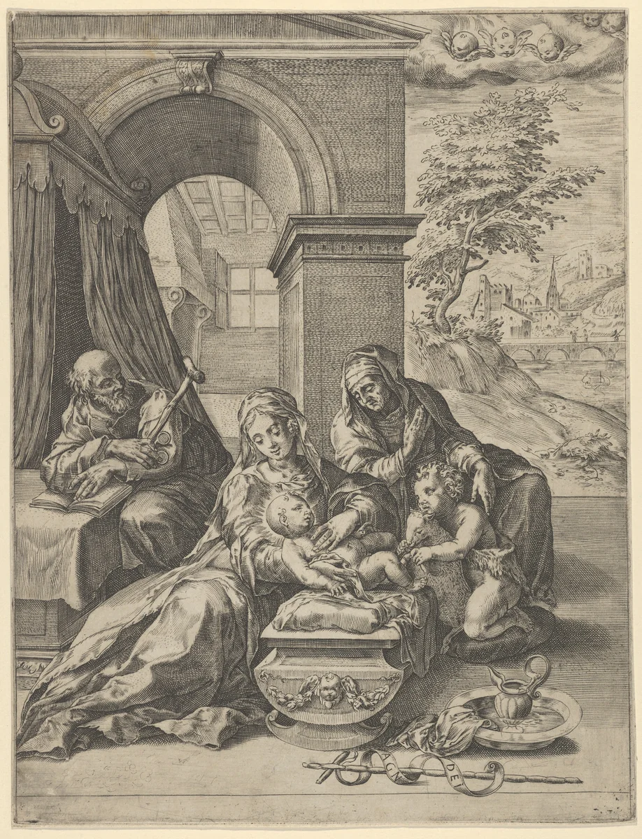 The Holy Family with Saint Anne and the young Saint John the Baptist by Cherubino Alberti, print, 1570-1615
