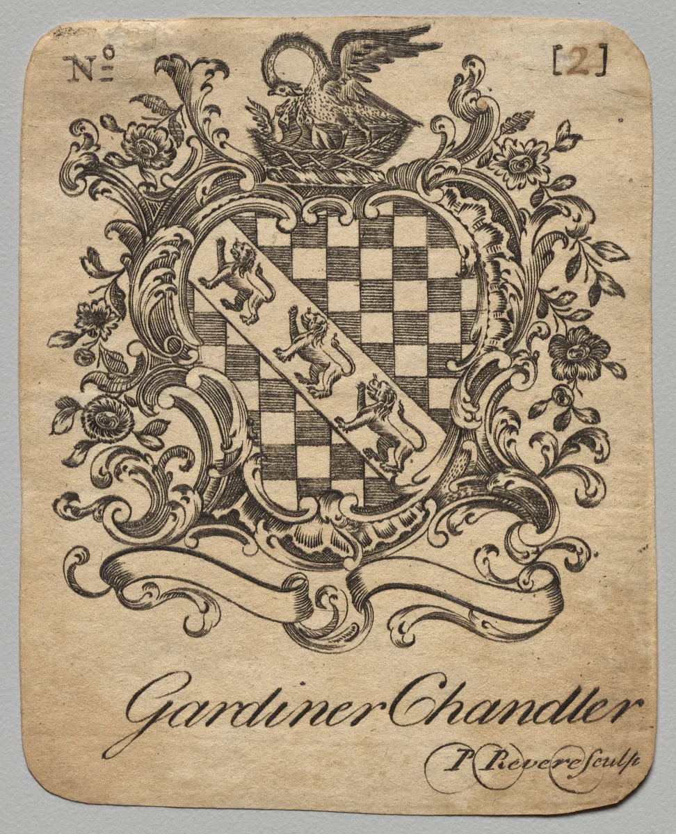 Bookplate: Coat of Arms with Gardiner Chandler inscribed below by Paul Revere II, print