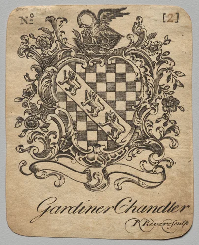 Bookplate: Coat of Arms with Gardiner Chandler inscribed below by Paul Revere II, print