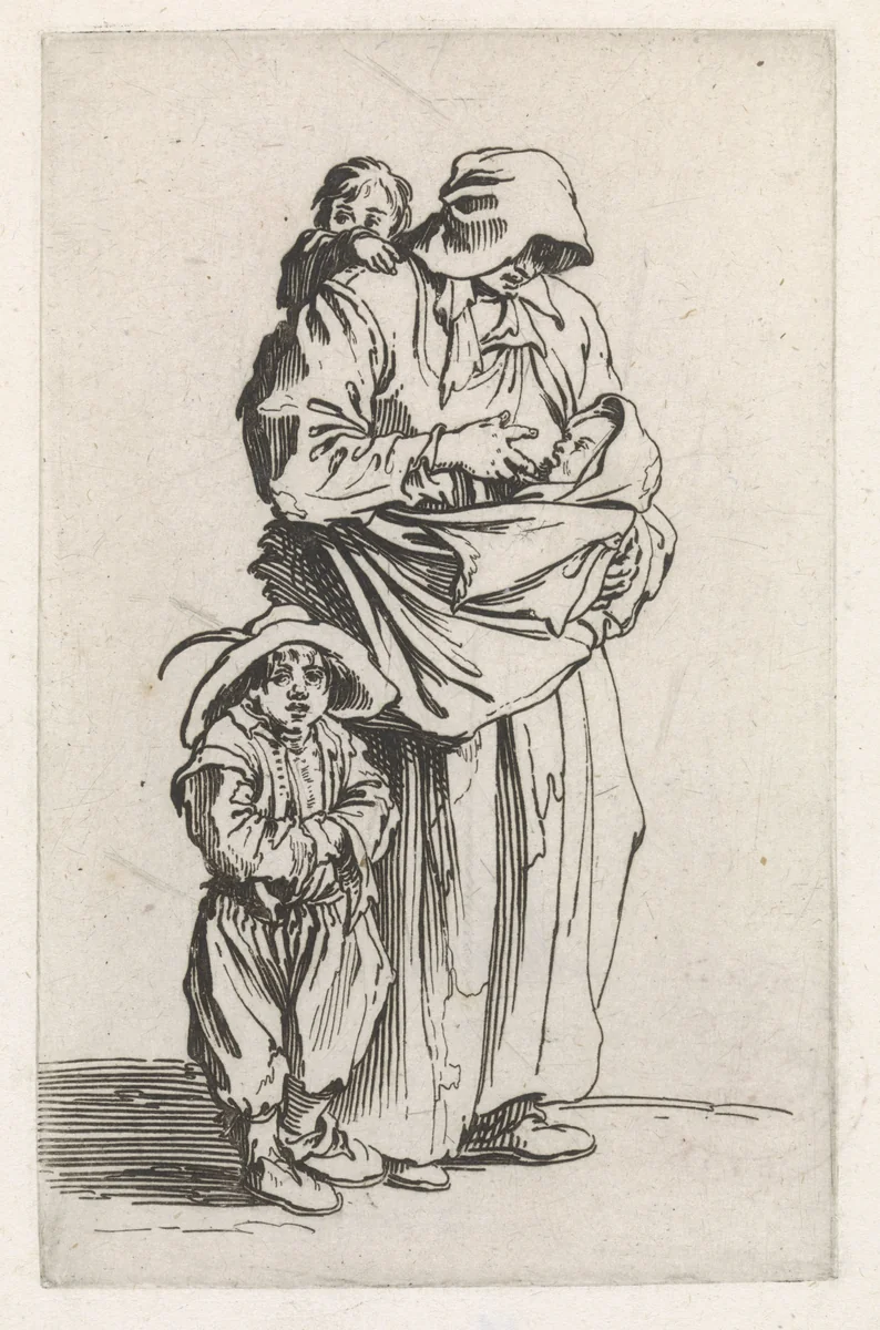 Bedelares met drie kinderen by Jacques Callot, print, 1622-1623