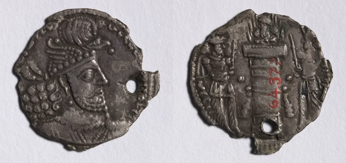 Drachm: Bust of Hormizd II (obverse); Fire Altar with Bust (reverse) by Unknown, metalwork, 302-309