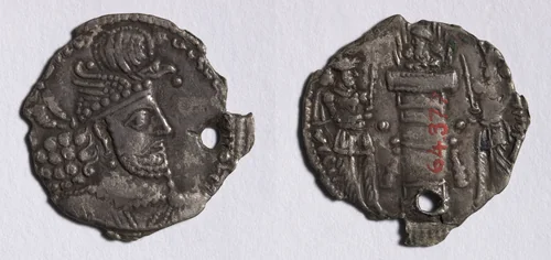 Drachm: Bust of Hormizd II (obverse); Fire Altar with Bust (reverse) by Unknown, metalwork, 302-309