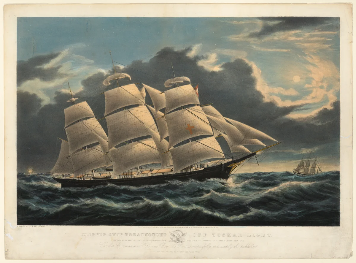 Clipper Ship "Dreadnought" off Tuskar Light, 12 1/2 Days from New York on her Celebrated Passage into Dock of Liverpool in 13 Days 11 Hours, December 1854 by Charles Parsons, print, 1856