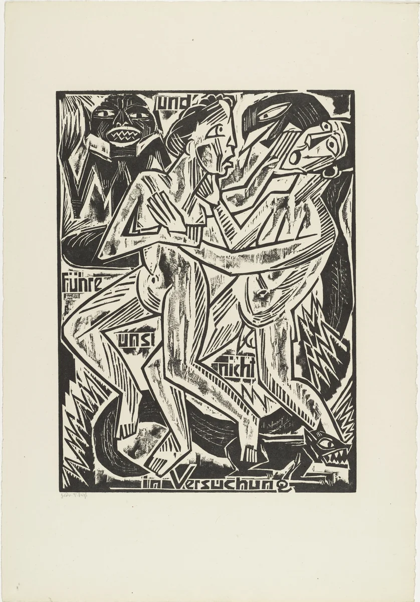 And / lead / us not / into temptation (und führe / uns nicht / in Versuchung) from The Lord's Prayer (Das Vater Unser) by Max Pechstein, print, 1921