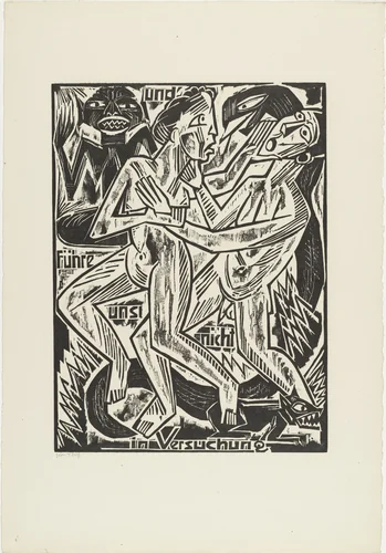 And / lead / us not / into temptation (und führe / uns nicht / in Versuchung) from The Lord's Prayer (Das Vater Unser) by Max Pechstein, print, 1921
