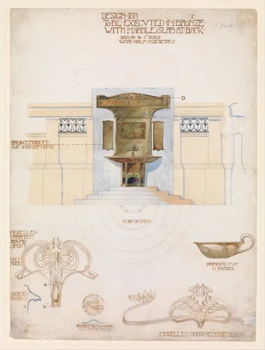 Design for a Fountain to be Executed in Bronze with a Marble Slab at the Back by Kay Maude Coggin, drawing, 1890-1900