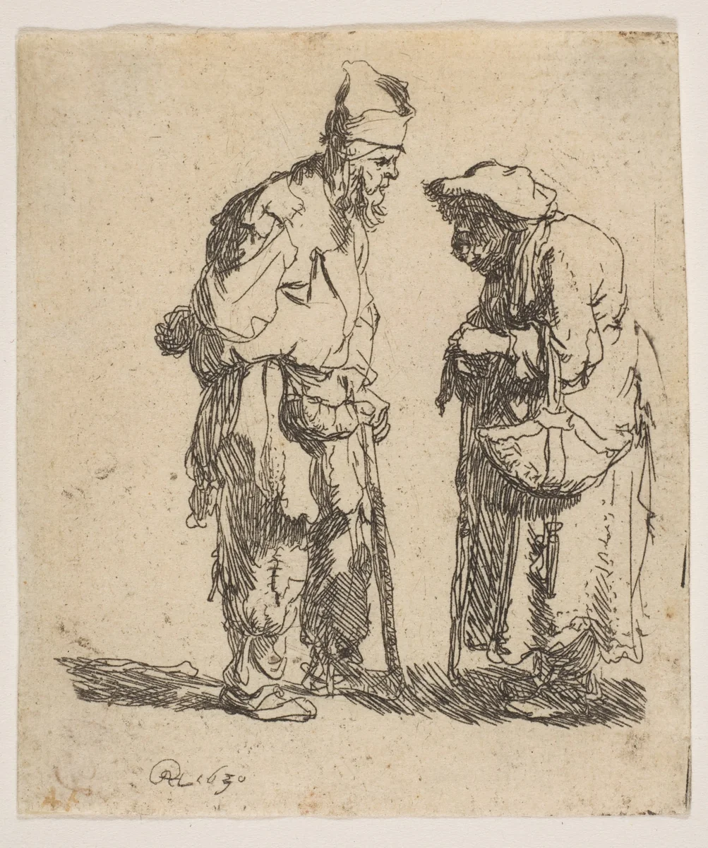 Beggar Man and Beggar Woman Conversing by Rembrandt van Rijn, print, 1630