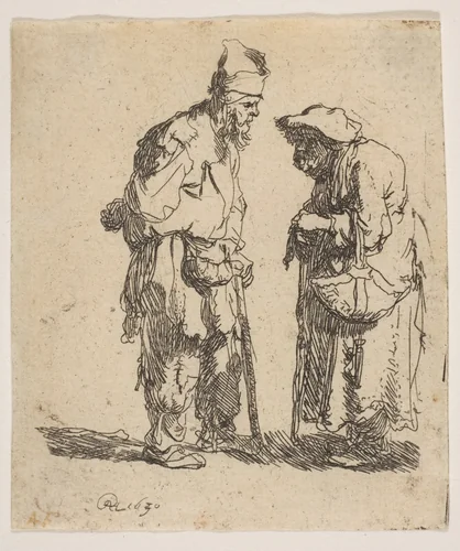 Beggar Man and Beggar Woman Conversing by Rembrandt van Rijn, print, 1630