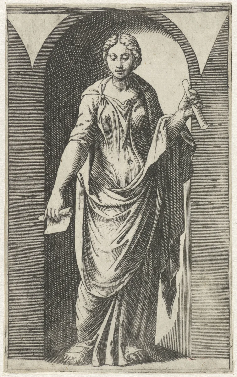 Muze met twee schriftrollen staand in nis by Marcantonio Raimondi, print, 1511-1520