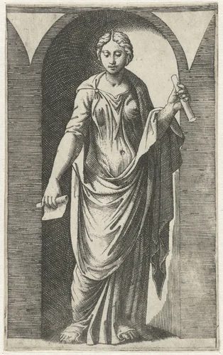 Muze met twee schriftrollen staand in nis by Marcantonio Raimondi, print, 1511-1520