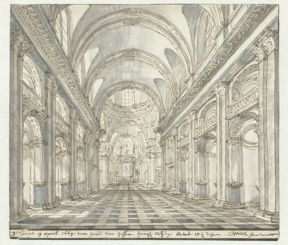 Interieur van een barokke kerk (Sint Pieter, Rome?) by Daniël de Blieck, drawing, 1669