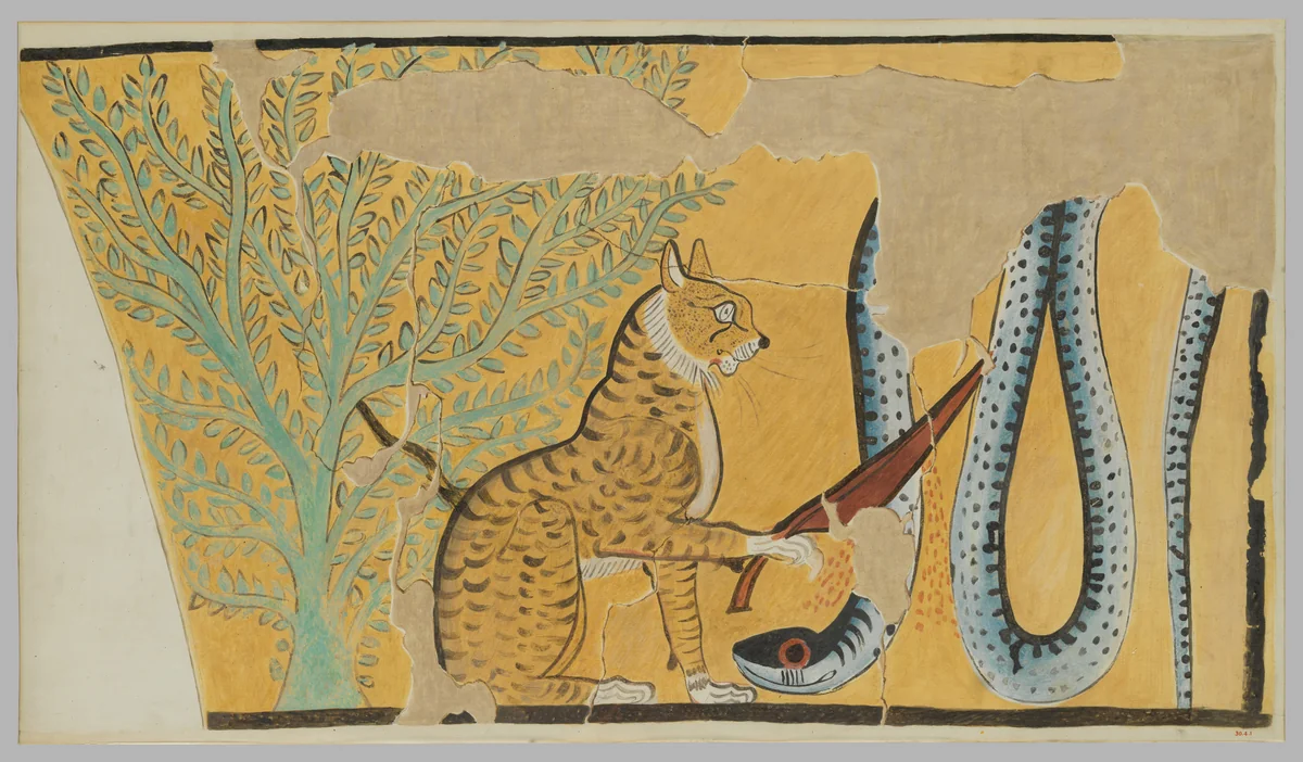 Wall painting of a cat killing a serpent by Charles K. Wilkinson, artwork, -1295--1213