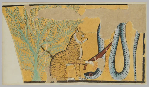 Wall painting of a cat killing a serpent by Charles K. Wilkinson, artwork, -1295--1213