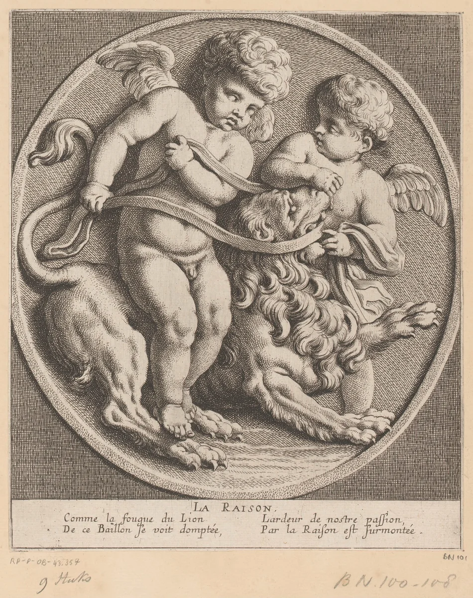 Twee putti met een leeuw by Louis Ferdinand I Elle, print, 1654