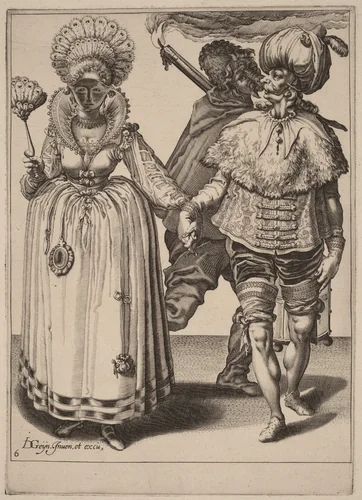 A Man with a Turban Leading a Woman Wearing Peacock Feathers by Zacharias Dolendo; Jacques de Gheyn II, print, 1518-1641