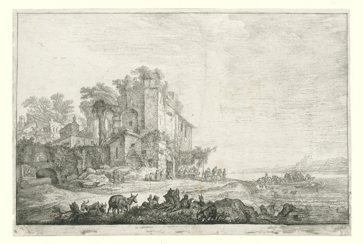 De herberg in een ruïne by Simon de Vlieger, print, 1610-1653