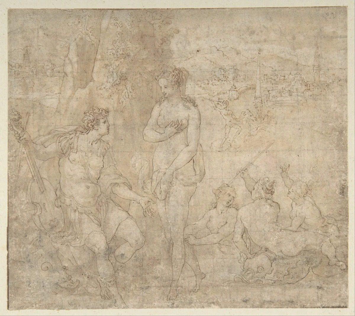 Apollo and Galatea in a Landscape with Neptune and Three Nymphs by Orazio Samacchini, drawing, 1550-1560