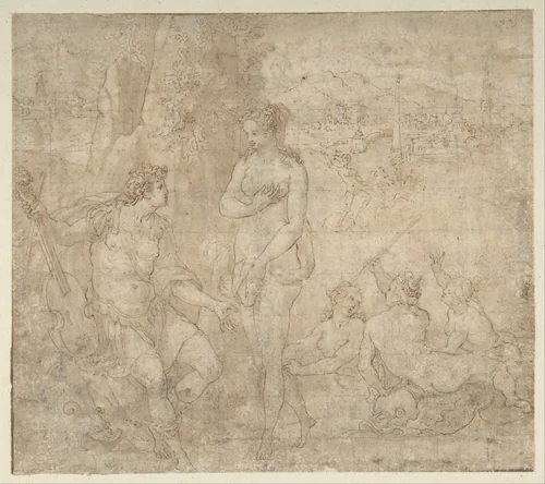 Apollo and Galatea in a Landscape with Neptune and Three Nymphs by Orazio Samacchini, drawing, 1550-1560