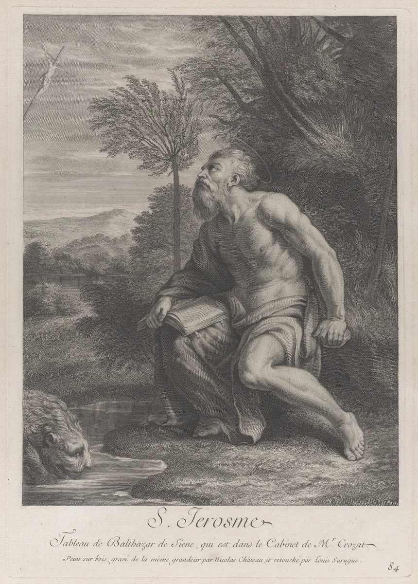Saint Jerome seated by a tree looking up at a crucifix, a lion drinking water from a stream to his right by Nicolas Chasteau, print, 1728