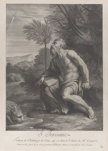 Saint Jerome seated by a tree looking up at a crucifix, a lion drinking water from a stream to his right by Nicolas Chasteau, print, 1728
