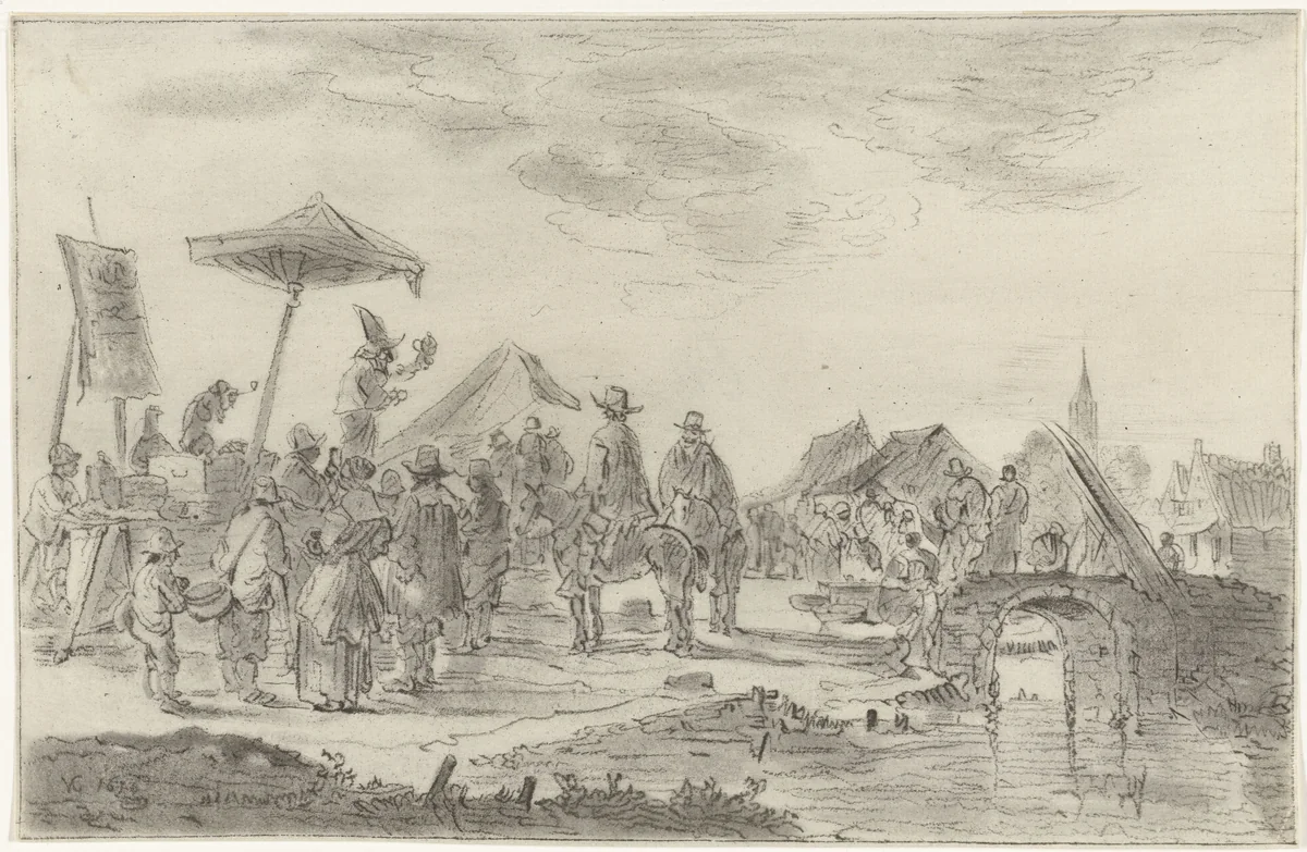 Charlatan bij een brug by Joannis Jacobus Bijlaert, print, 1768
