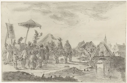 Charlatan bij een brug by Joannis Jacobus Bijlaert, print, 1768