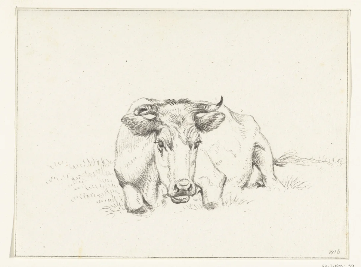 Liggende koe, van voren by Jean Bernard, drawing, 1816