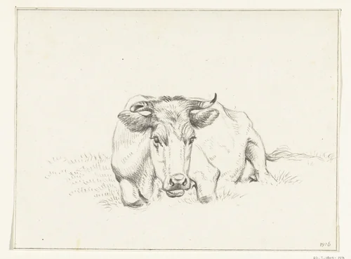 Liggende koe, van voren by Jean Bernard, drawing, 1816