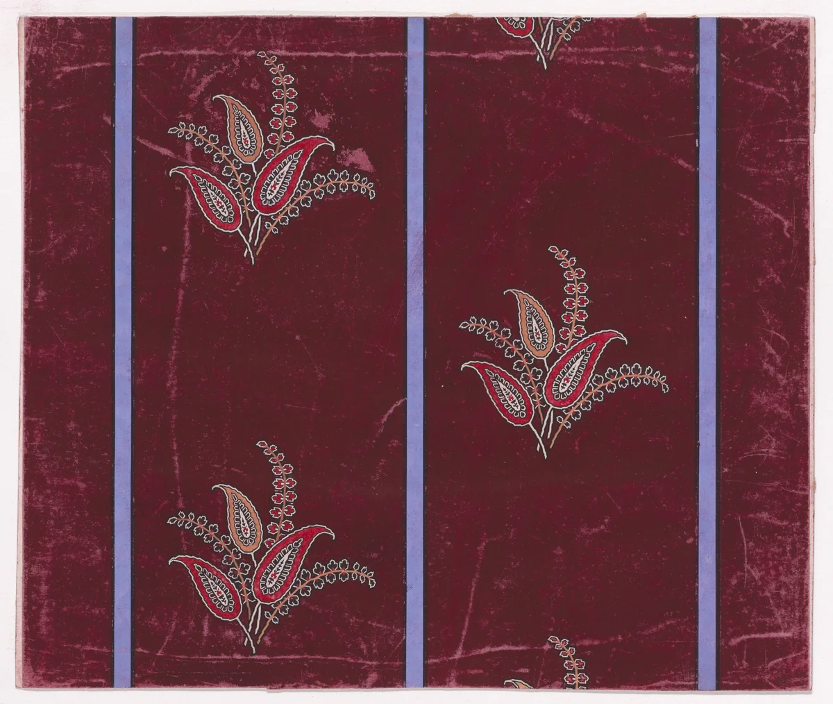 Textile Design with Alternating Vertical Rows of Bunches of Large Paisley-Inspired Stylized Leaves and Branches with Pairs of Stylized Leaves Separated by Vertical Stripes by anonymous, drawing, 1840