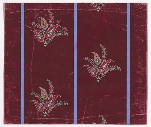 Textile Design with Alternating Vertical Rows of Bunches of Large Paisley-Inspired Stylized Leaves and Branches with Pairs of Stylized Leaves Separated by Vertical Stripes by anonymous, drawing, 1840