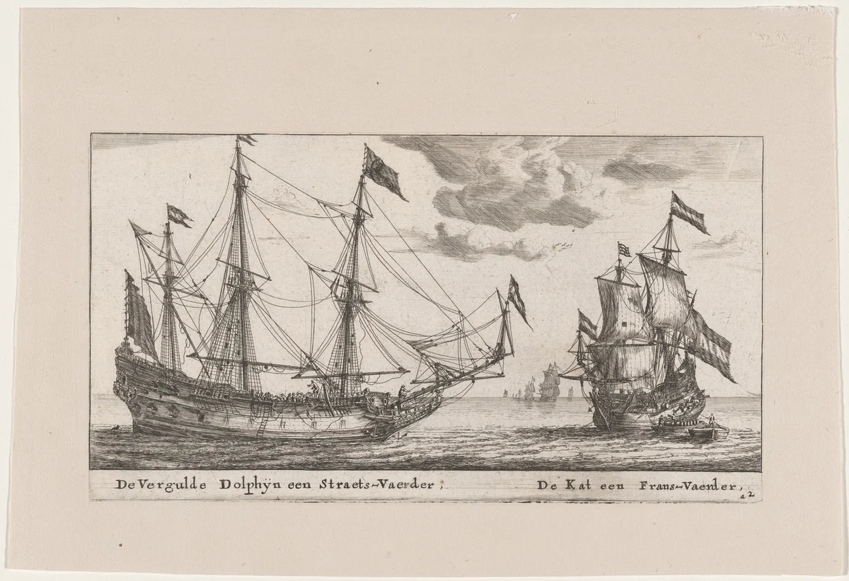The "Vergulde Dolphyn," a Large Merchant Vessel, and the "Kat," a Flute by Reinier Nooms, print, 1647-1657
