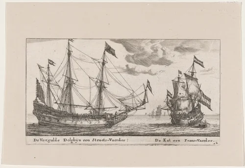 The "Vergulde Dolphyn," a Large Merchant Vessel, and the "Kat," a Flute by Reinier Nooms, print, 1647-1657