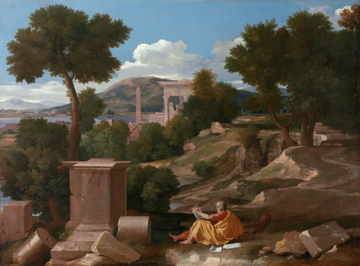 Landscape with Saint John on Patmos by Nicolas Poussin, painting, 1640