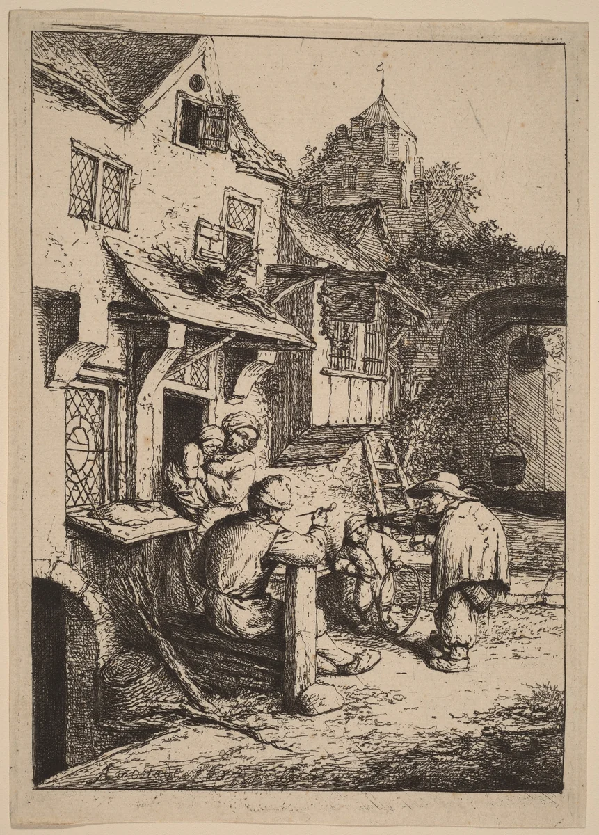 Peasant Family Entertained by a Fiddler with a Hunchback by Adriaen van Ostade, print, 1647-1657