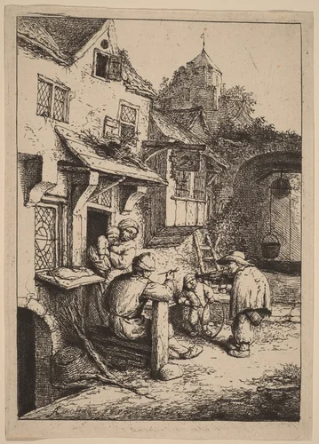 Peasant Family Entertained by a Fiddler with a Hunchback by Adriaen van Ostade, print, 1647-1657